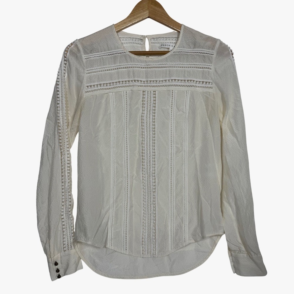 Veronica Beard Ivory Silk‎ Lace Inset Long Sleeve Blouse, size 2